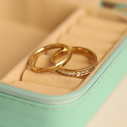 Elegant Gold Stacking Ring Set - Cartier Engraved & Crystal Band
