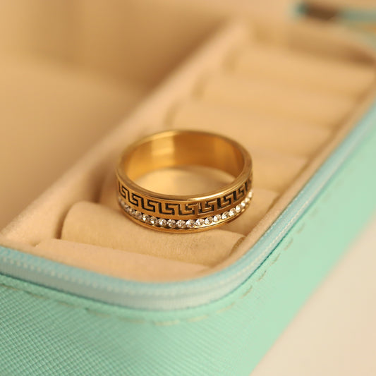 Gold Greek Key Ring with Crystal Accent - Classic Pattern Band