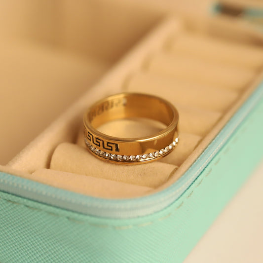 Gold Greek Key Ring with Crystal Accent - Classic Pattern Band