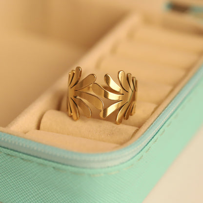 Wide Gold Leaf Band Ring - Botanical Statement Jewelry