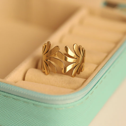 Wide Gold Leaf Band Ring - Botanical Statement Jewelry