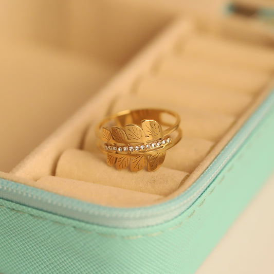Sparkling Gold Leaf Bypass Ring - Crystal-Embellished Floral Jewelry