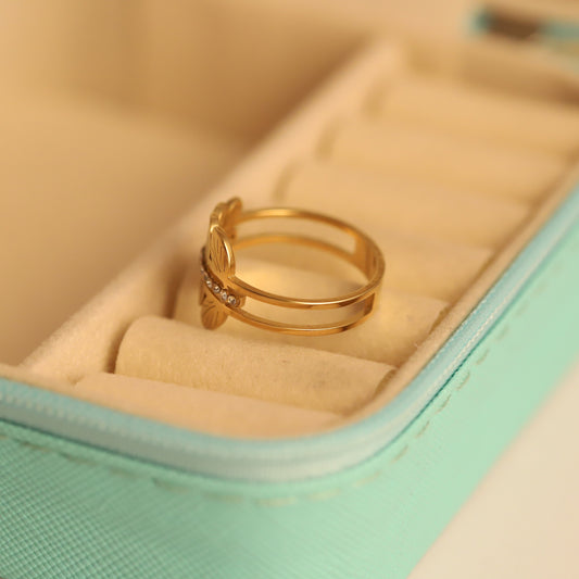 Sparkling Gold Leaf Bypass Ring - Crystal-Embellished Floral Jewelry