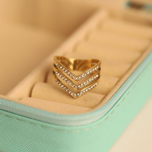 Triple Chevron Crystal Ring - Stacked V-Shape Gold Band