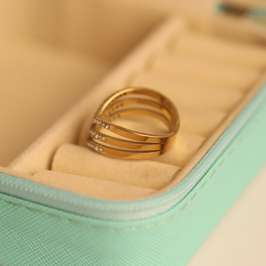 Triple Chevron Crystal Ring - Stacked V-Shape Gold Band