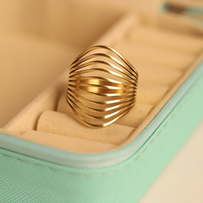 Statement Gold Wave Ring - Elegant Multi-Layered Adjustable Jewelry