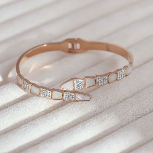 18K Rose Gold Plated Snake Design Bracelet with Mother of Pearl & Zircon | Women's Kada