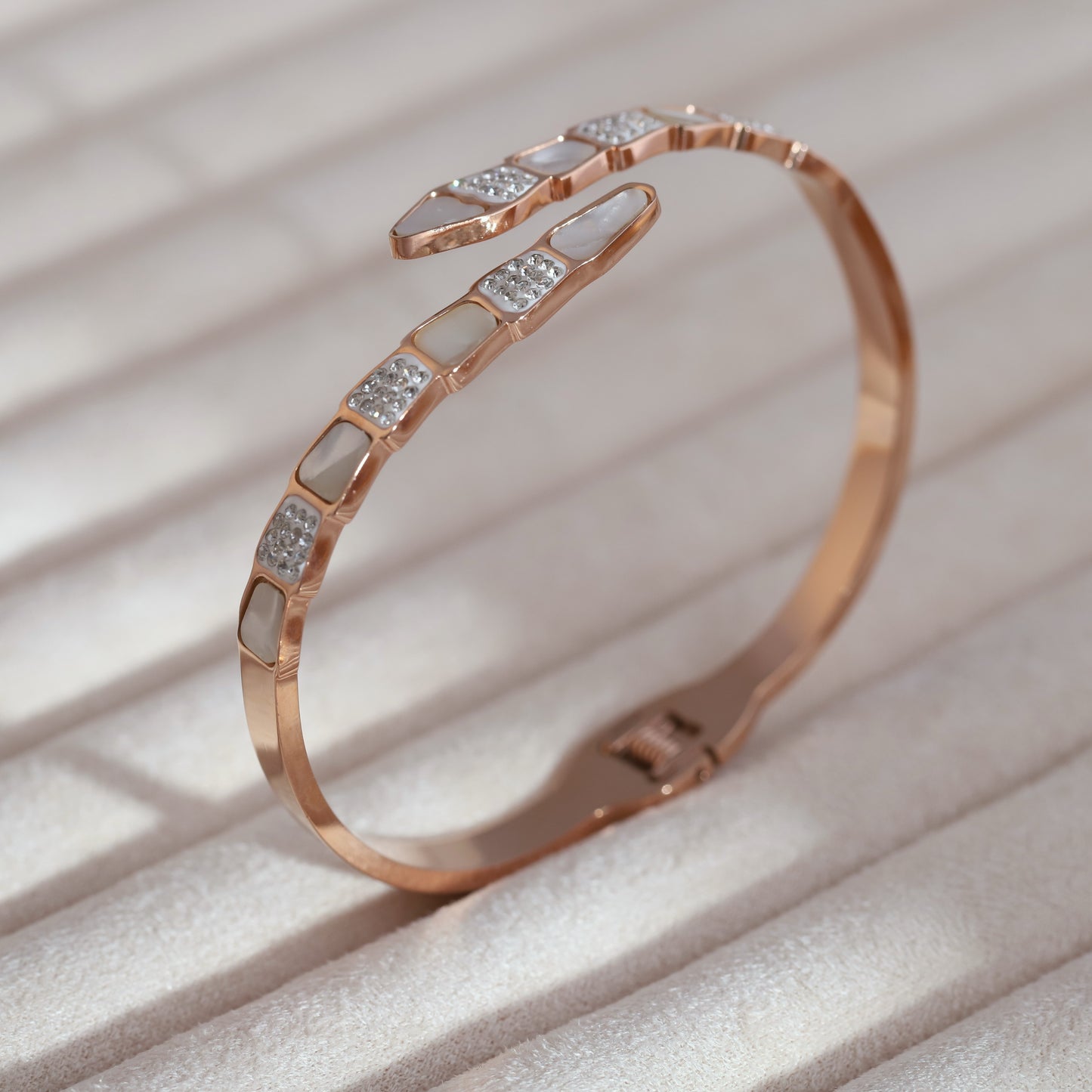 18K Rose Gold Plated Snake Design Bracelet with Mother of Pearl & Zircon | Women's Kada