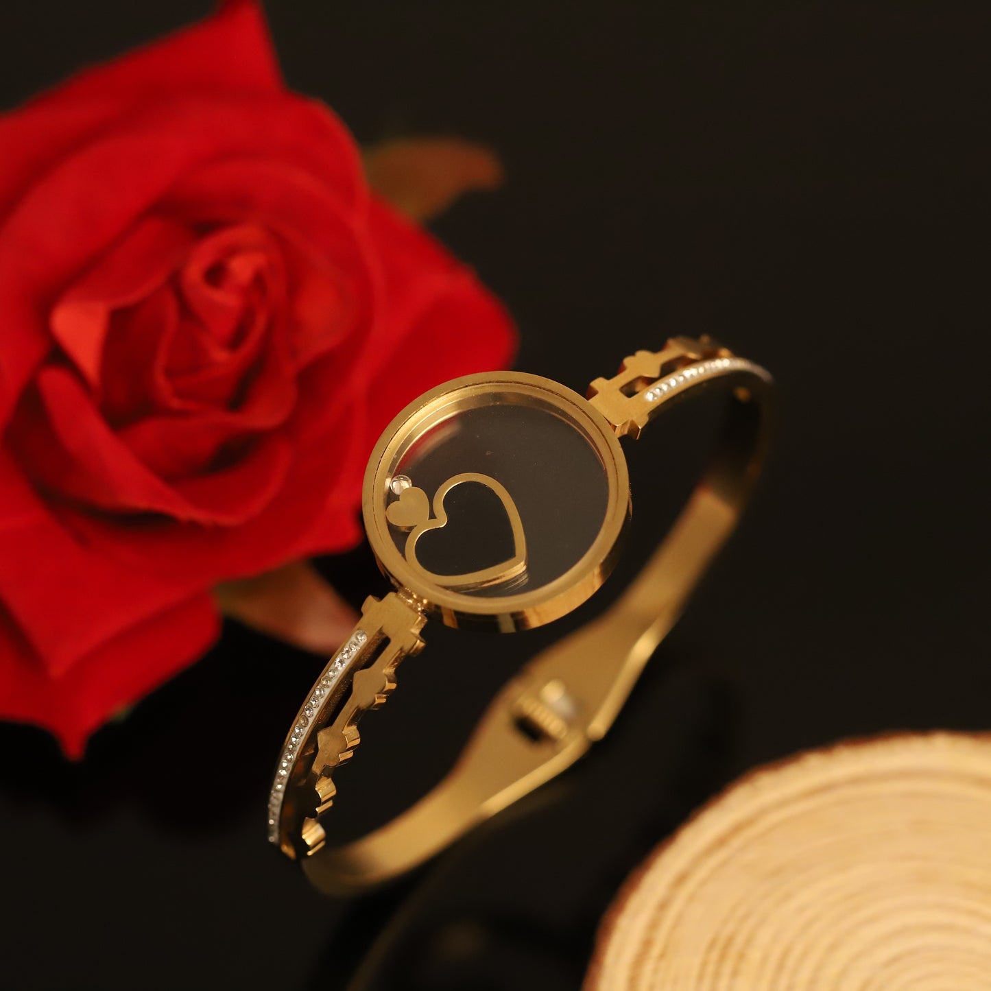 Floating Heart Bangle Bracelet - 14K Gold Diamond Accented Jewelry