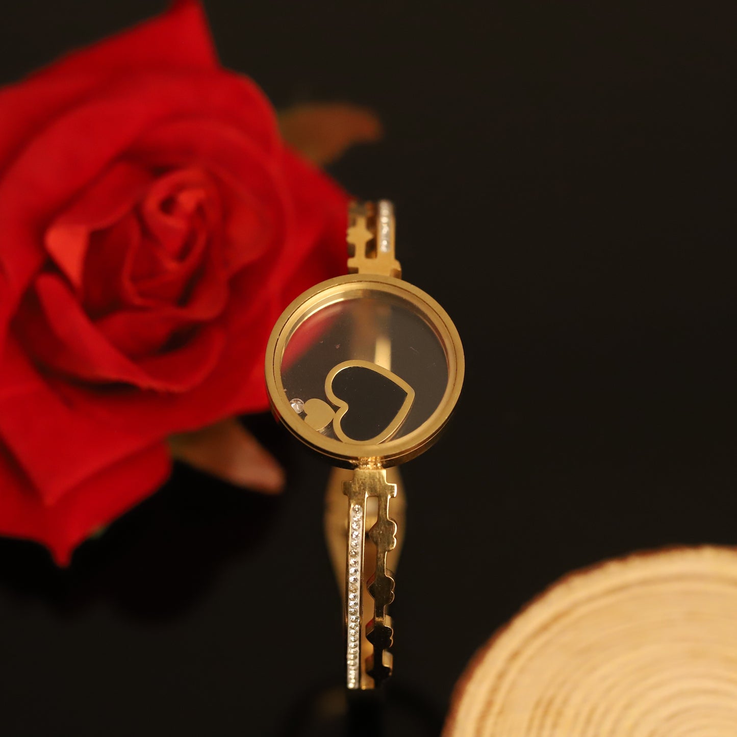 Floating Heart Bangle Bracelet - 14K Gold Diamond Accented Jewelry