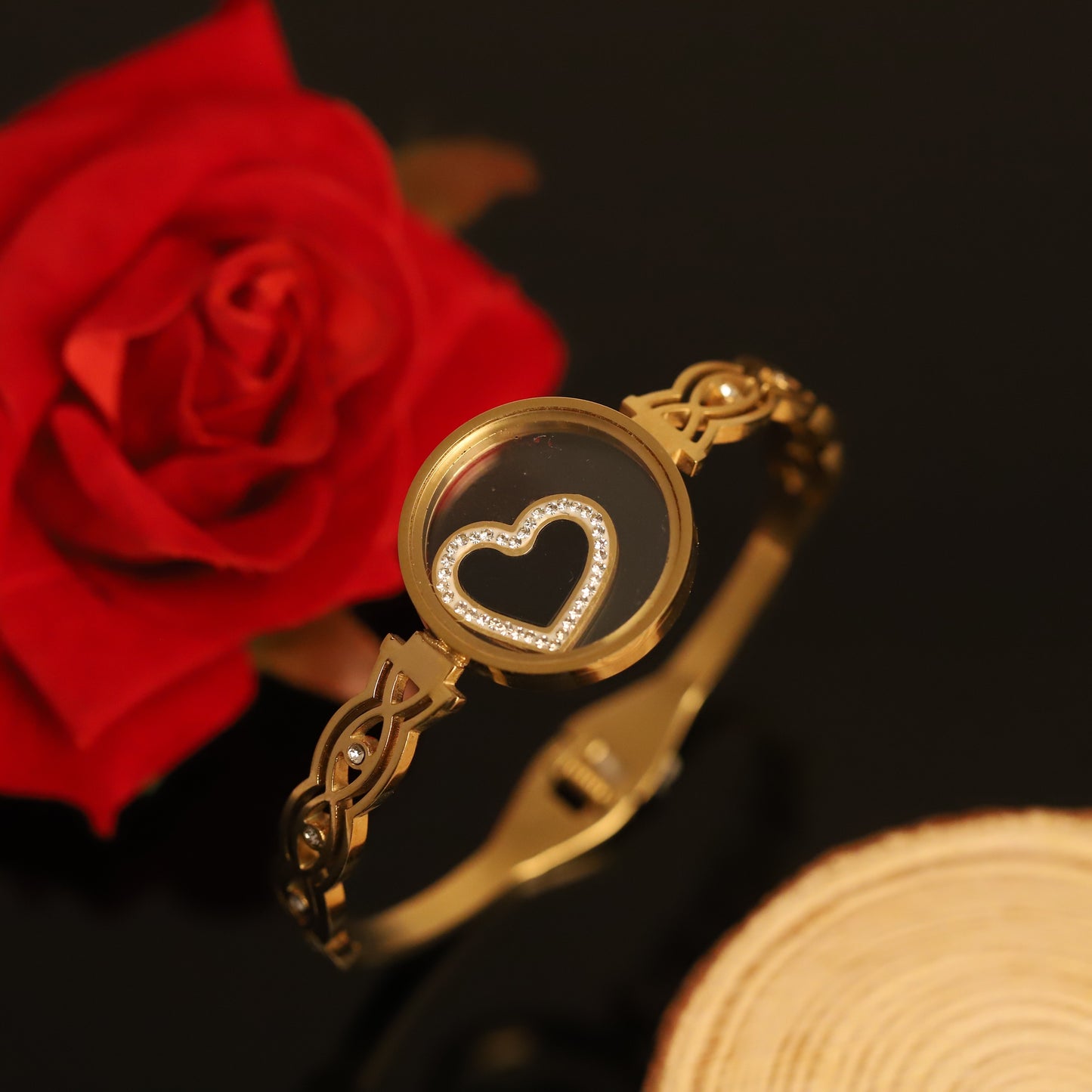 Romantic Gold Heart Bangle with Floating Crystals | Elegant Love Charm Bracelet