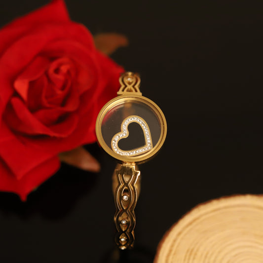 Romantic Gold Heart Bangle with Floating Crystals | Elegant Love Charm Bracelet