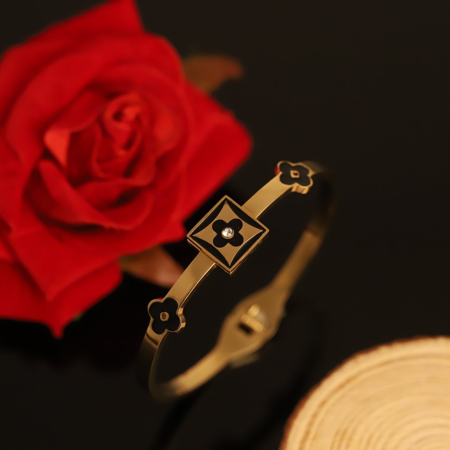 Black Enamel Clover Bangle - 14K Gold Diamond Accent Bracelet