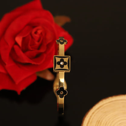 Black Enamel Clover Bangle - 14K Gold Diamond Accent Bracelet