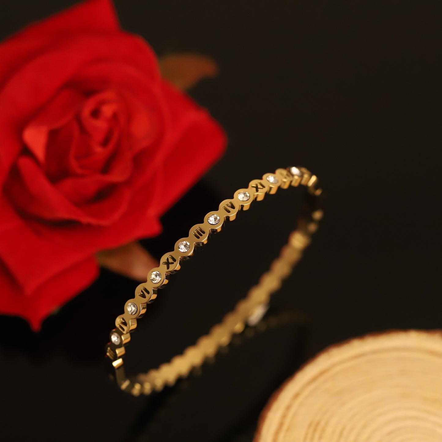 Roman Numeral Bangle Bracelet - Diamond Accent 14K Gold Jewelry
