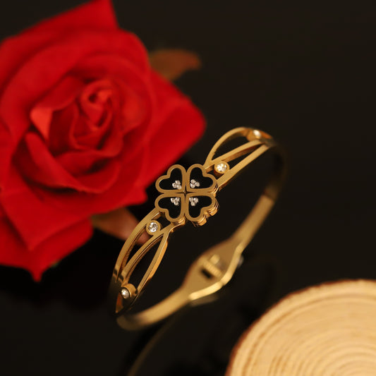 Lucky Four-Leaf Clover Gold Bangle Bracelet with Crystals for Women | Elegant Charm Jewelry