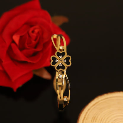 Lucky Four-Leaf Clover Gold Bangle Bracelet with Crystals for Women | Elegant Charm Jewelry