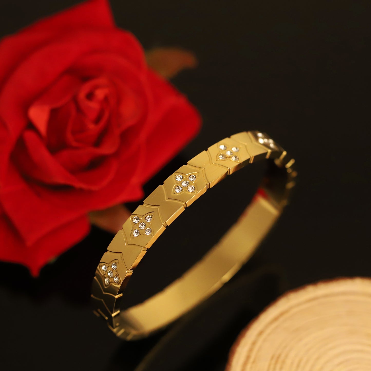 Gold Bangle with Geometric Clover and Crystal Accents | Unique Panel Design Bracelet