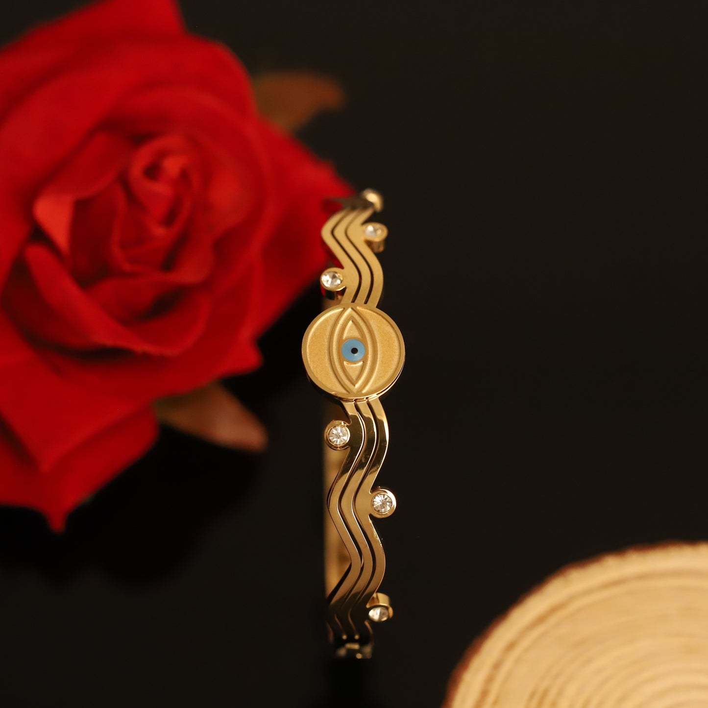 Gold Evil Eye Bangle Bracelet - Diamond Accents & Wave Design