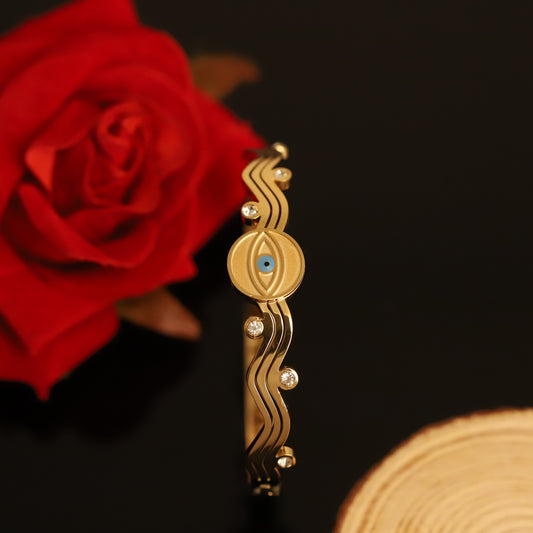 Gold Evil Eye Bangle Bracelet - Diamond Accents & Wave Design