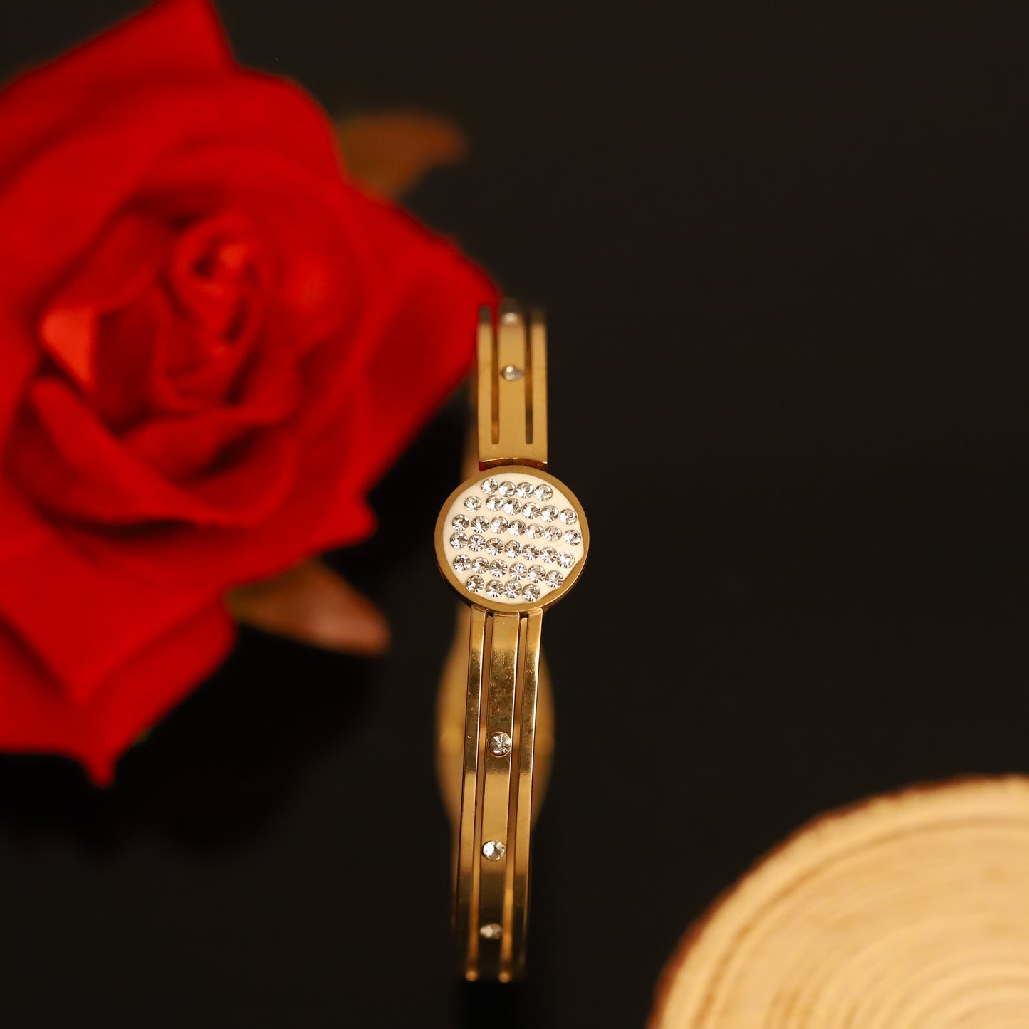 Modern Gold Bangle Bracelet with Circular Crystal Pave Detail | Minimalist Sparkle Jewelry