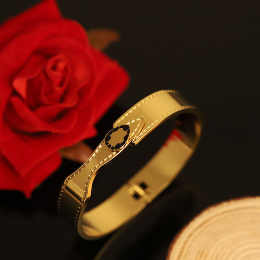 14K Gold Bangle Bracelet - Black Enamel & Diamond Accent Statement Jewelry