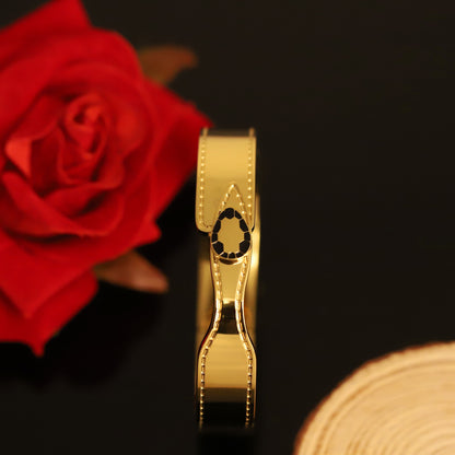 14K Gold Bangle Bracelet - Black Enamel & Diamond Accent Statement Jewelry