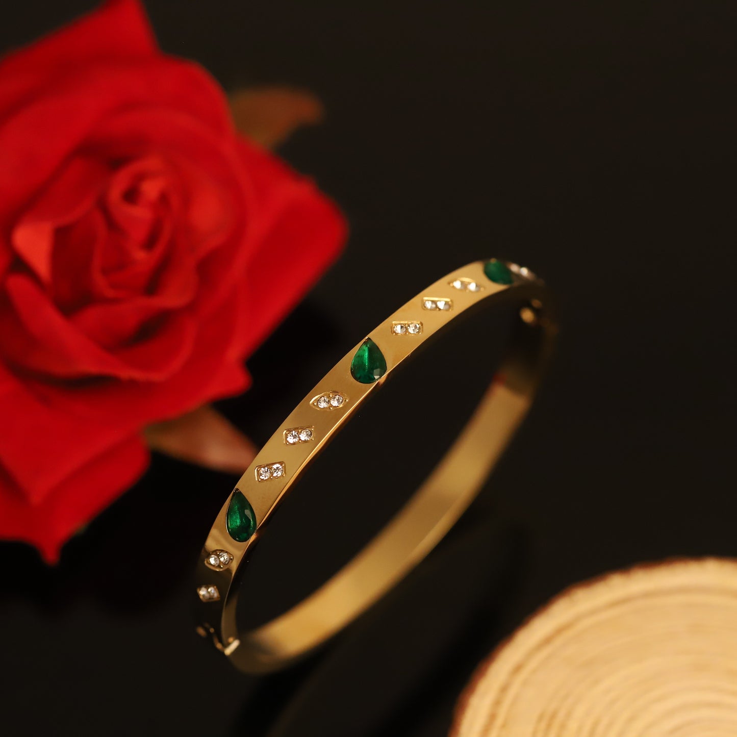 Gold Bangle with Emerald Green Accents & Diamond Details - Elegant 14K Jewelry