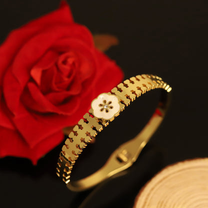 Gold Floral Bangle Bracelet with White Flower | Elegant Flower Jewelry