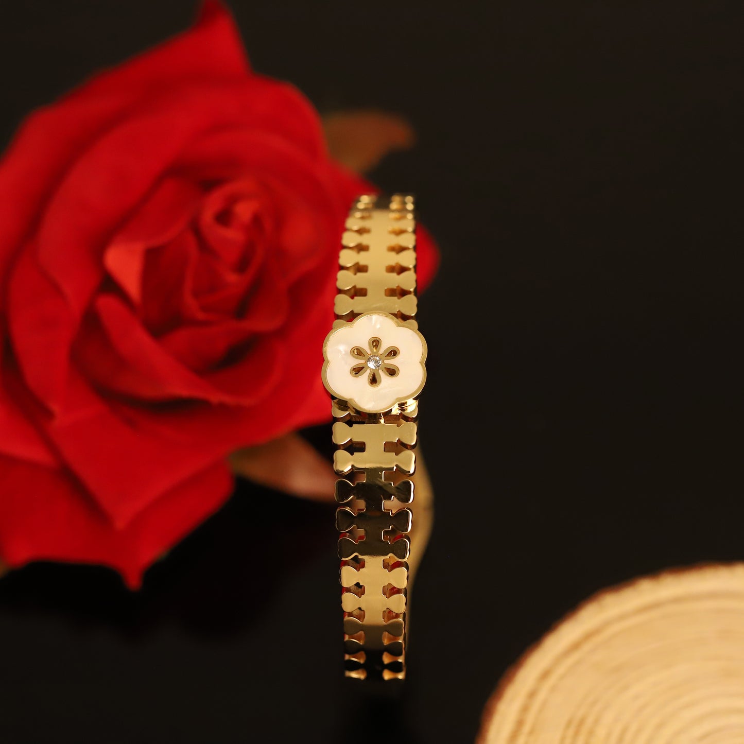 Gold Floral Bangle Bracelet with White Flower | Elegant Flower Jewelry