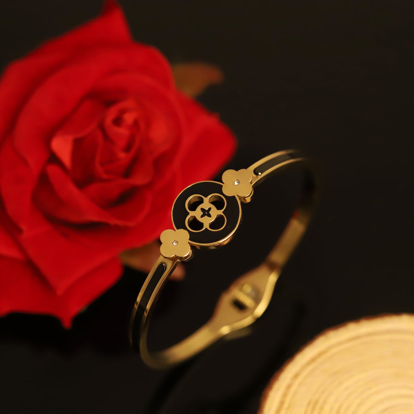 Gold Bangle with Black Enamel and Clover Charms | Designer Inspired Bangle Bracelet