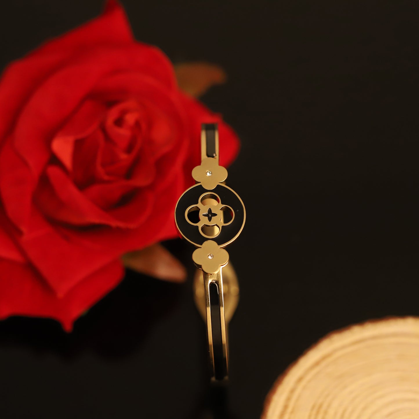 Gold Bangle with Black Enamel and Clover Charms | Designer Inspired Bangle Bracelet