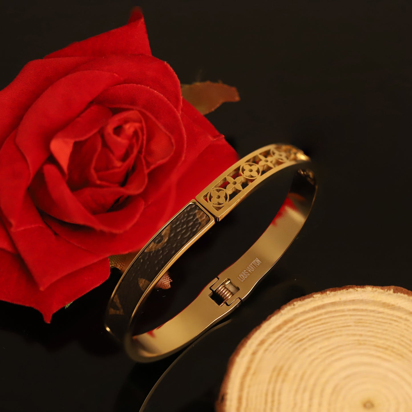 Designer Inspired Gold Bangle Bracelet with Monogram Detail | Luxury Fashion Jewelry