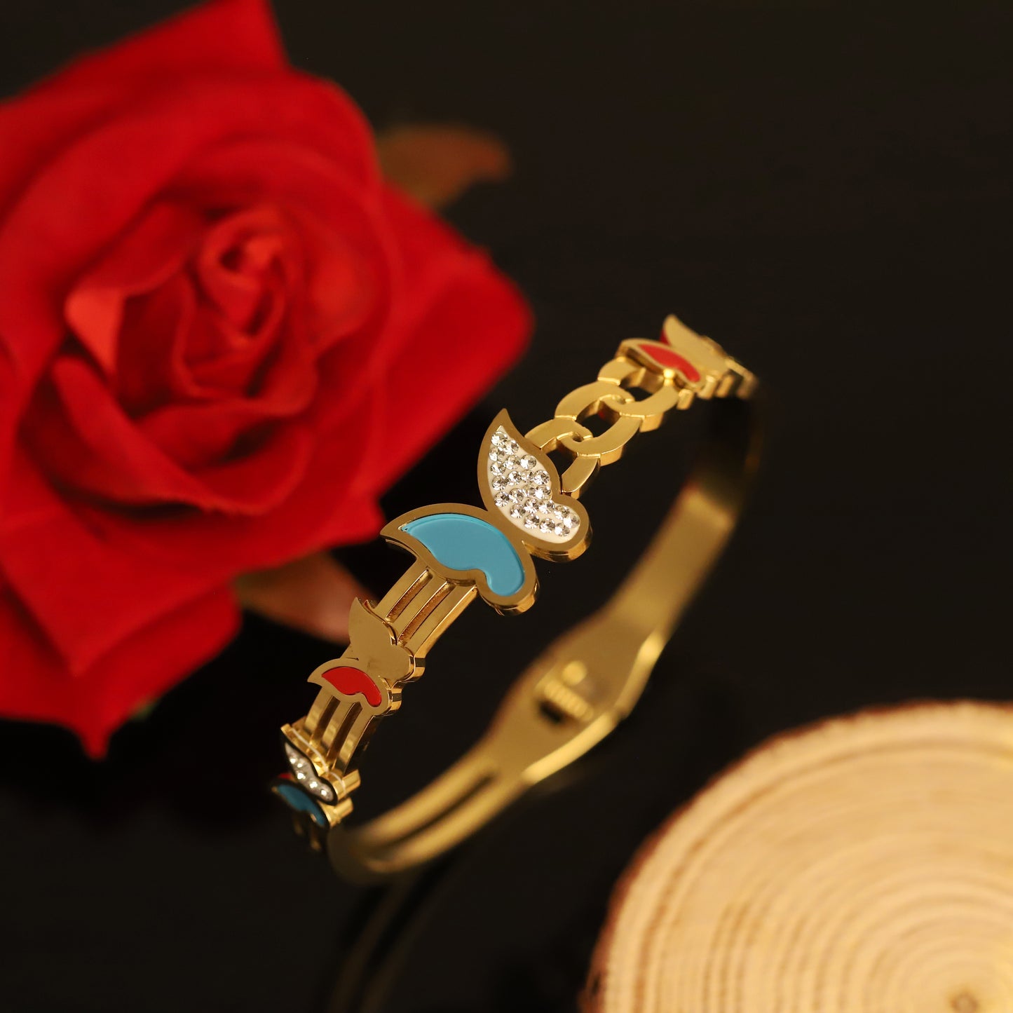 Gold Butterfly Bangle Bracelet - Enamel & Diamond Accent Jewelry