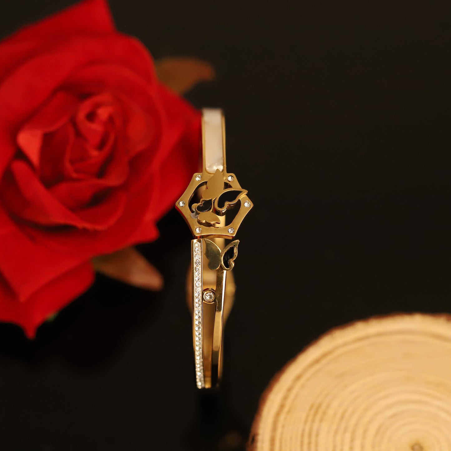 14K Gold Butterfly Diamond Bangle Bracelet - Modern Open Cuff Design