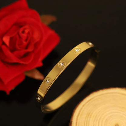 Minimalist Gold Bangle with Engraved Clover and Crystal Accents | Elegant Simple Bracelet