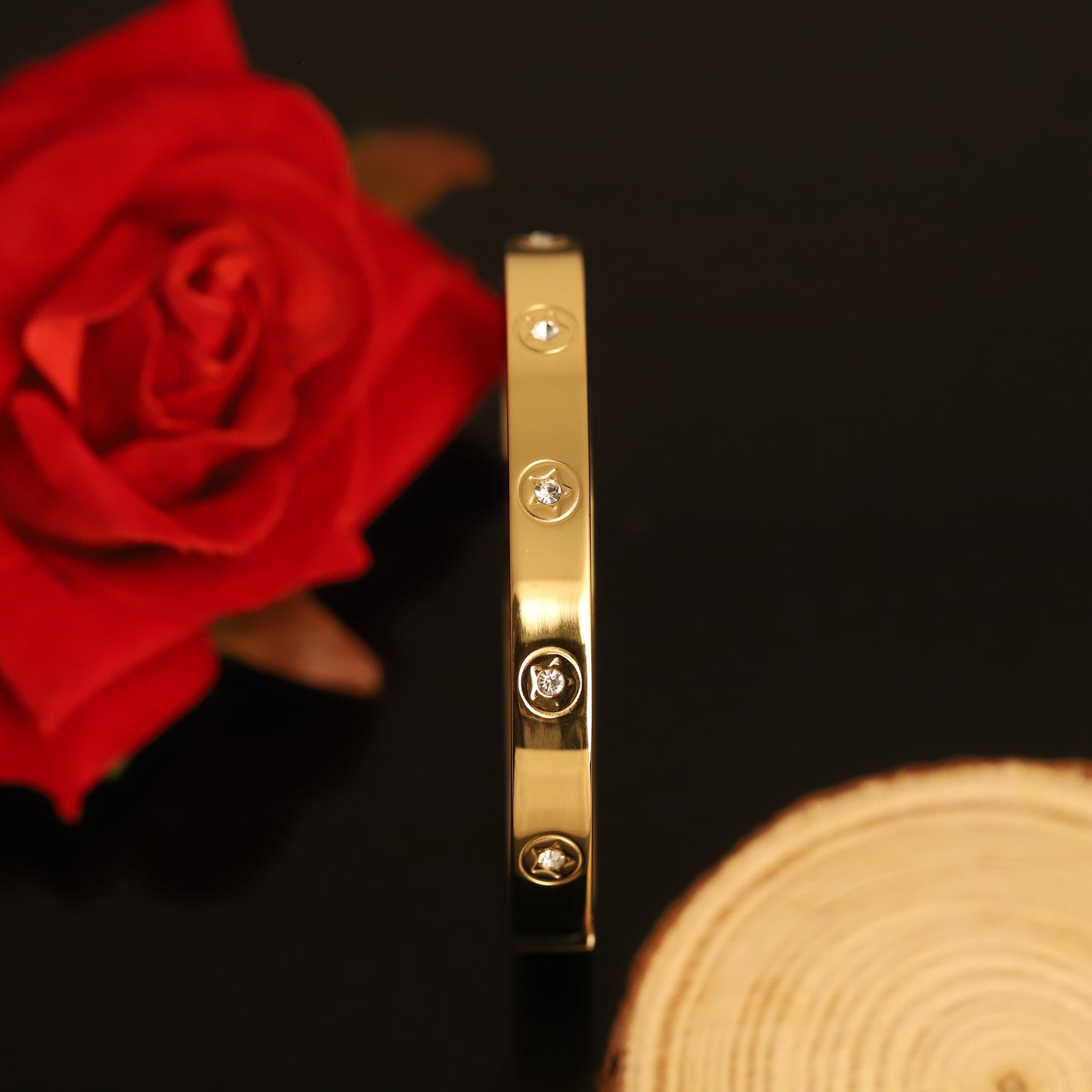 Minimalist Gold Bangle with Engraved Clover and Crystal Accents | Elegant Simple Bracelet