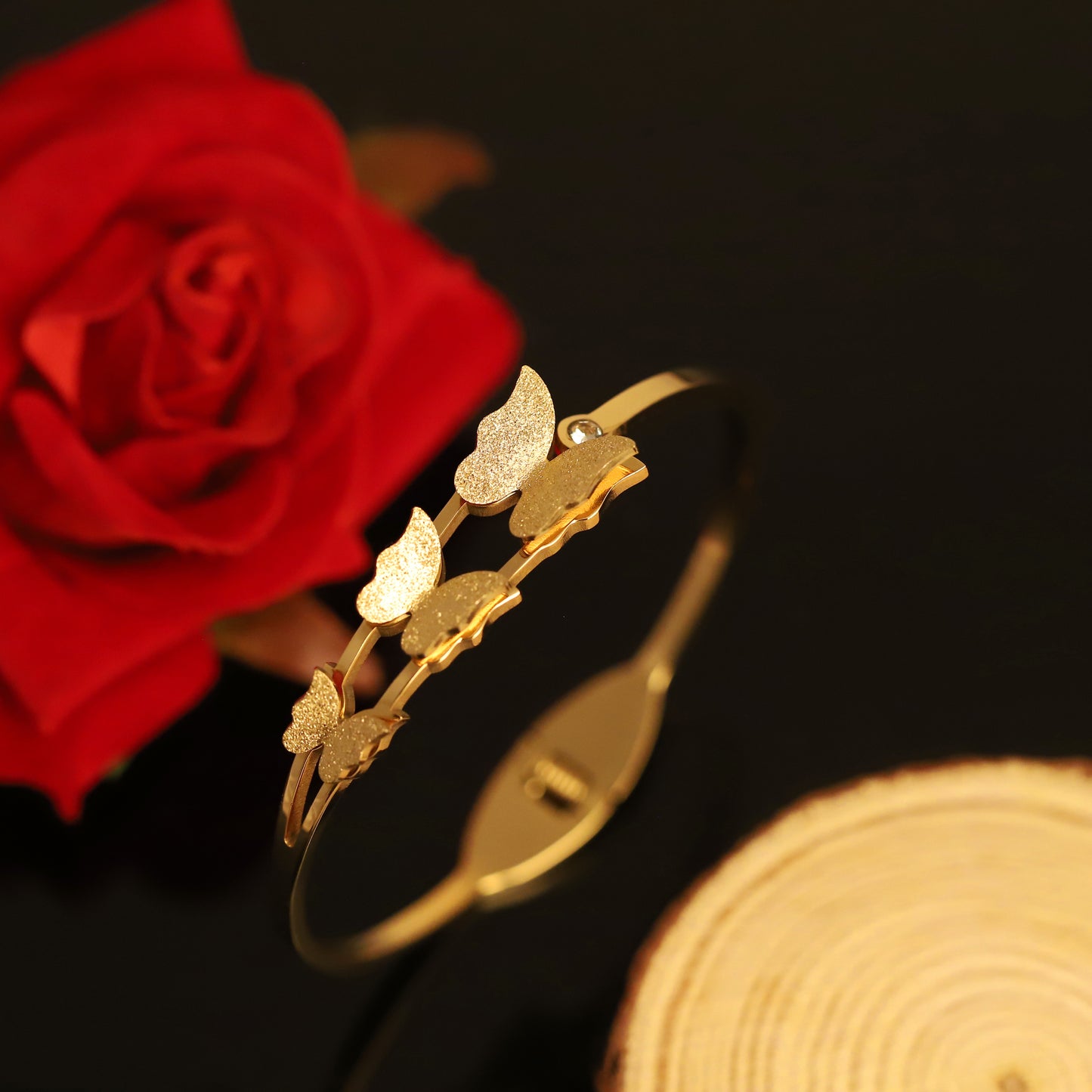 Gold Butterfly Bangle Bracelet with Glitter Wings | Delicate Butterfly Jewelry