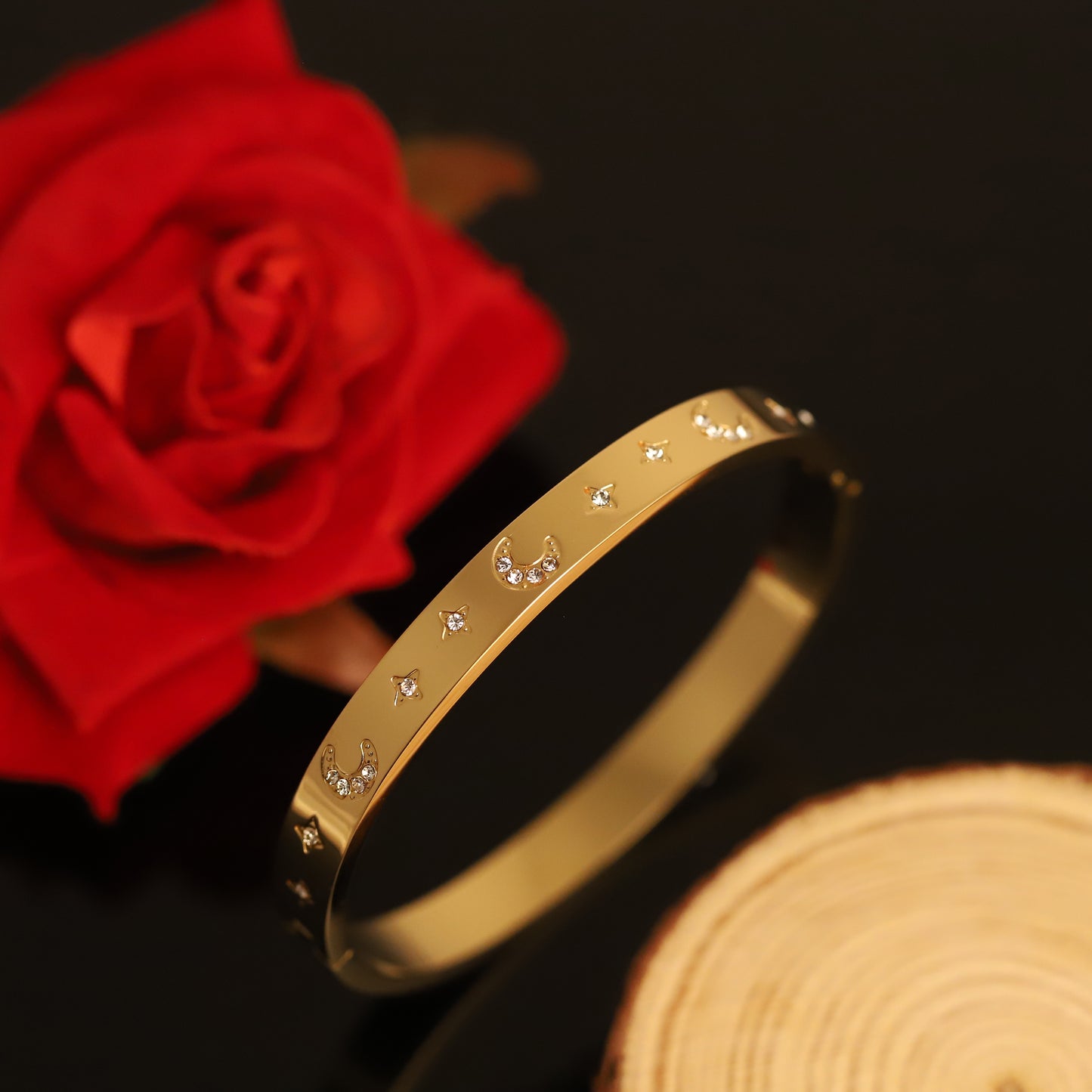 Celestial Gold Moon and Star Bangle Bracelet with Crystals | Elegant Night Sky Jewelry