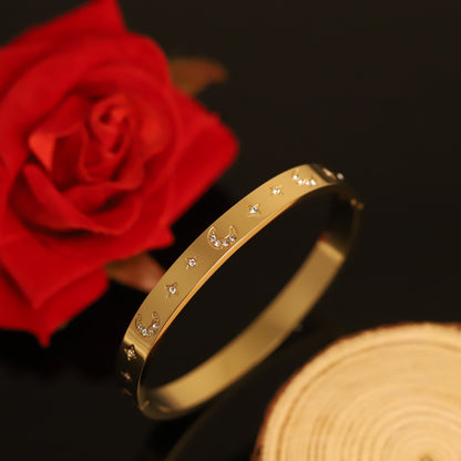 Celestial Gold Moon and Star Bangle Bracelet with Crystals | Elegant Night Sky Jewelry