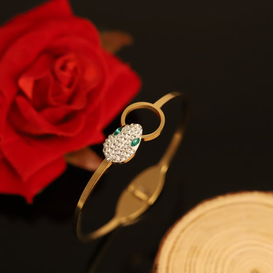 Elegant Gold Snake Bangle Bracelet with Crystal Pave and Emerald Eyes | Statement Jewelry