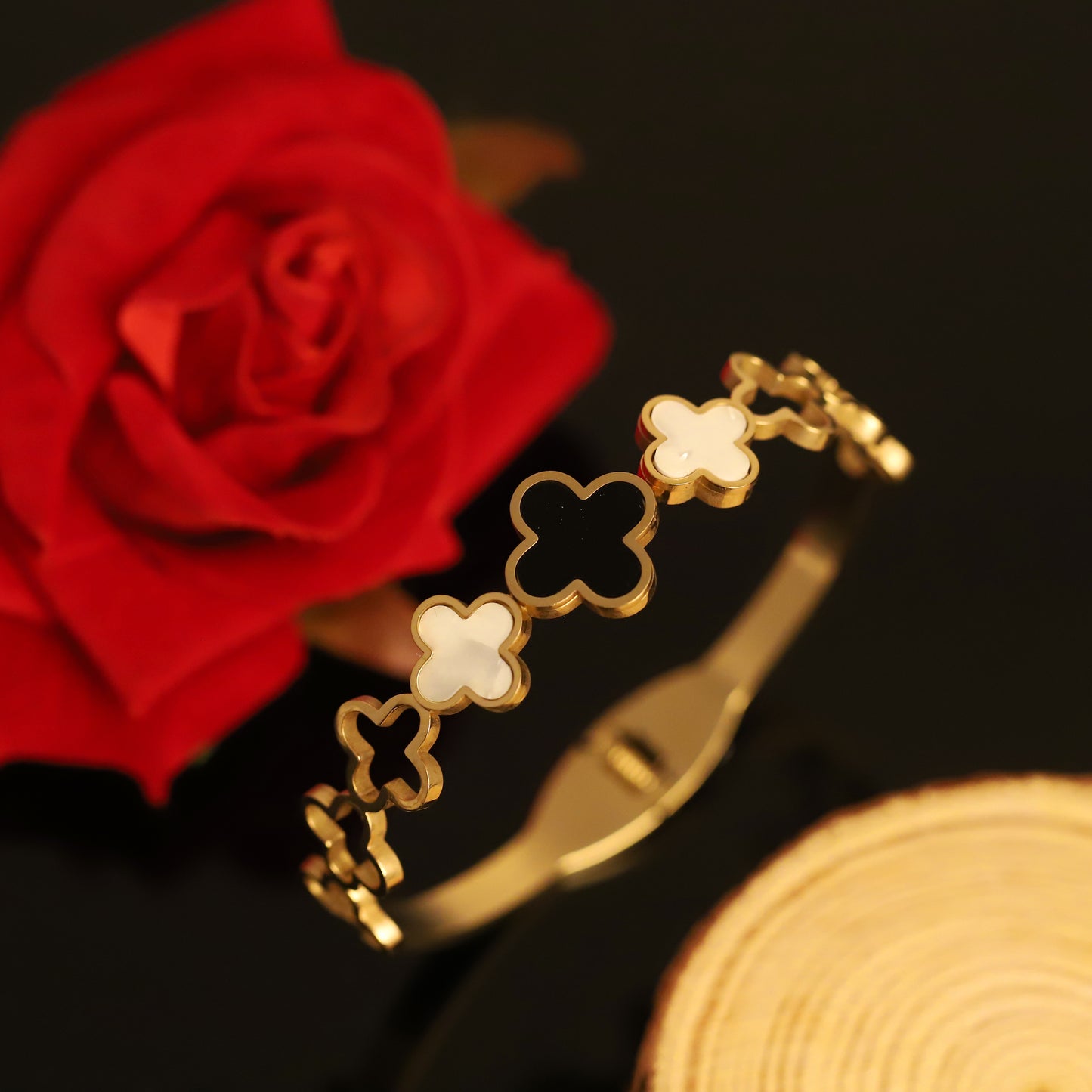 Gold Bangle with Black and White Clovers | Elegant Two-Tone Quatrefoil Bracelet