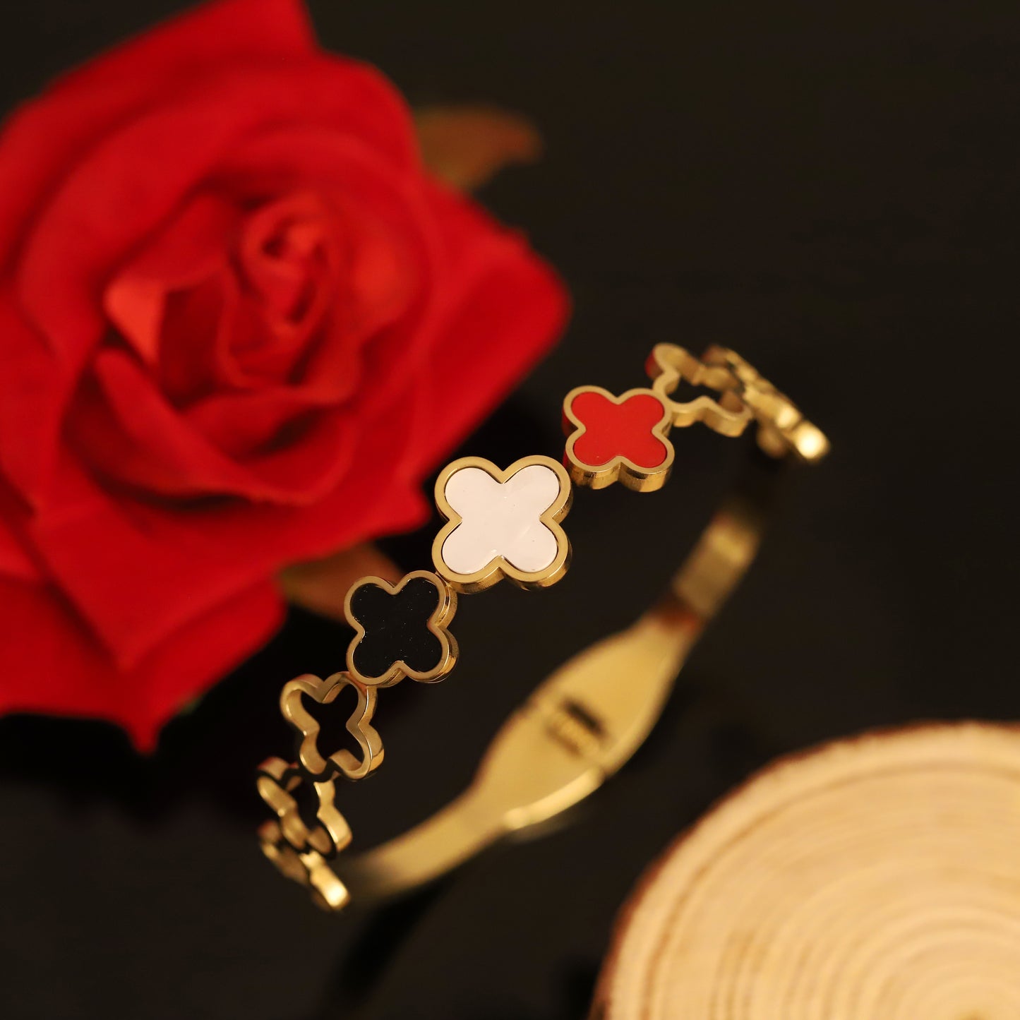 Gold Clover Bangle with Colorful Enamel | Lucky Four Leaf Clover Bracelet