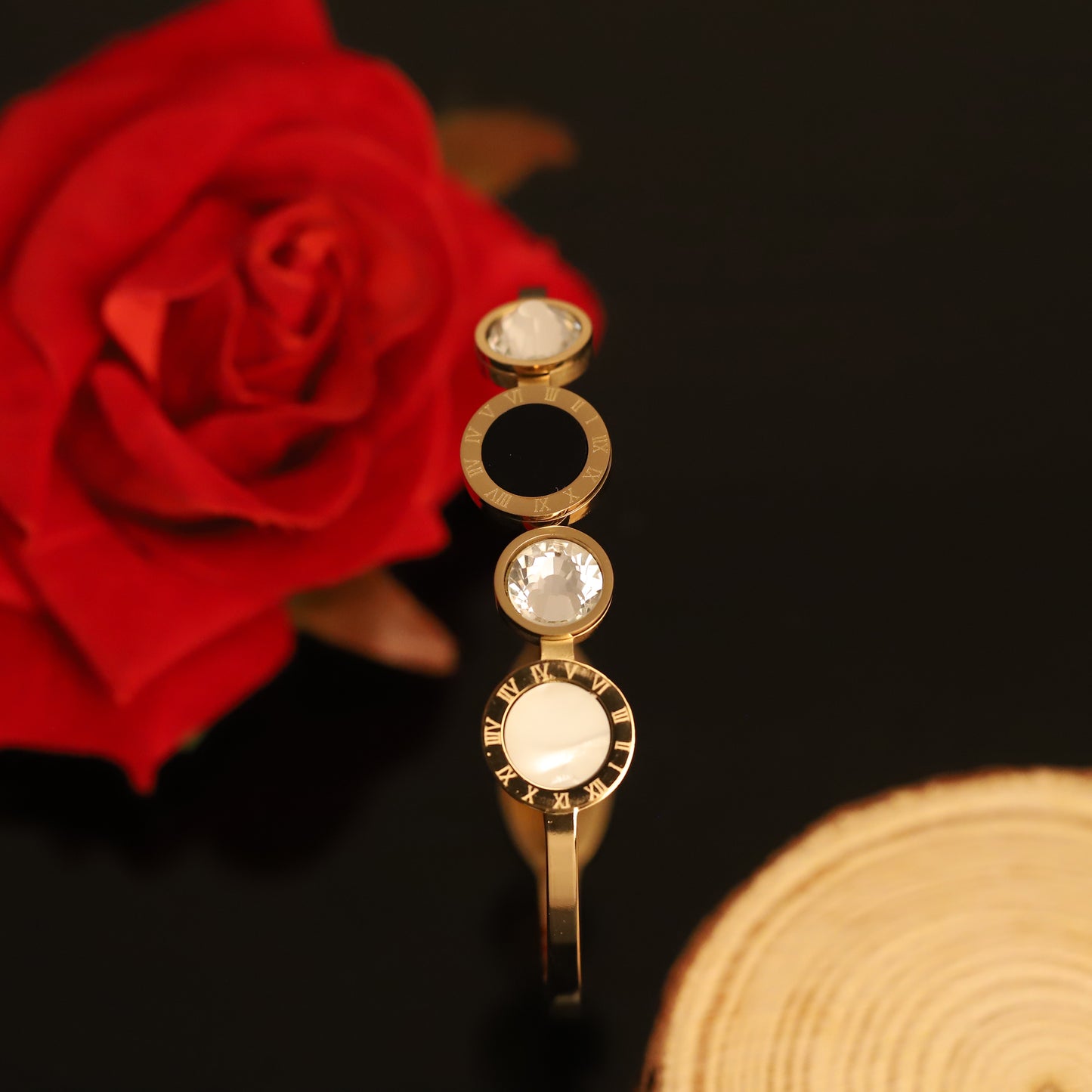 Gold Geometric Bangle with Crystal, Black, and White Accents | Contemporary Women's Bracelet