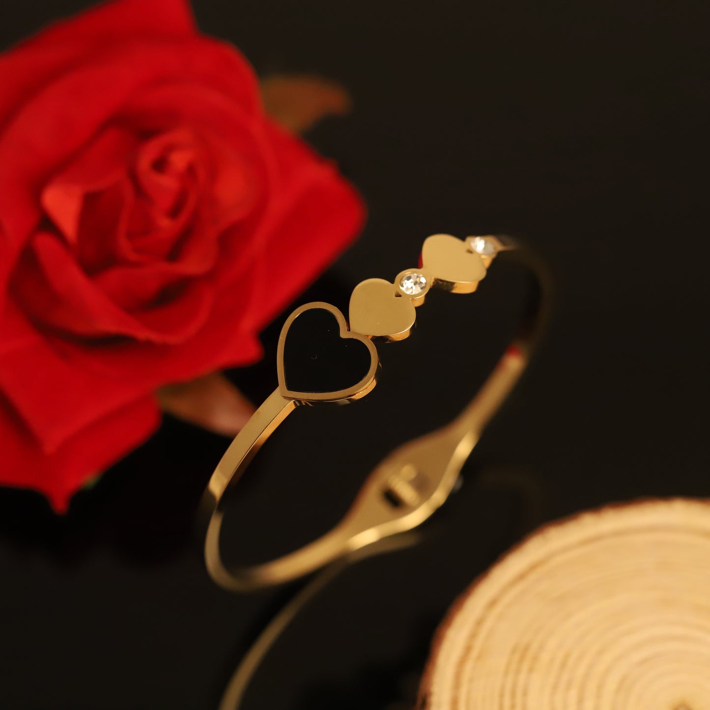 Sweetheart Gold Bangle with Black Enamel Heart and Crystal Accents | Romantic Jewelry for Her