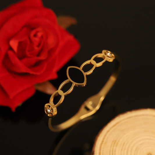 Gold Chain Link Bangle with Black Oval Center and Crystal Accents | Modern Minimalist Bracelet