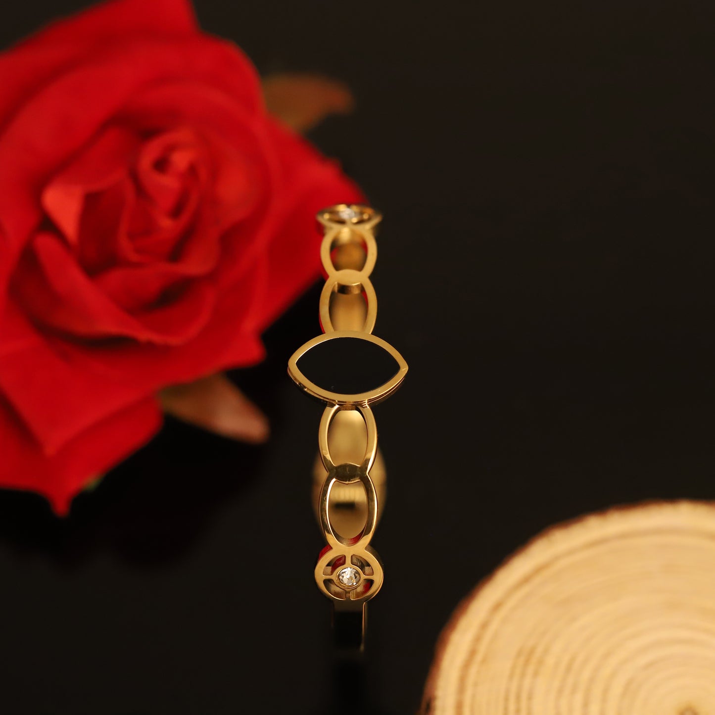 Gold Chain Link Bangle with Black Oval Center and Crystal Accents | Modern Minimalist Bracelet
