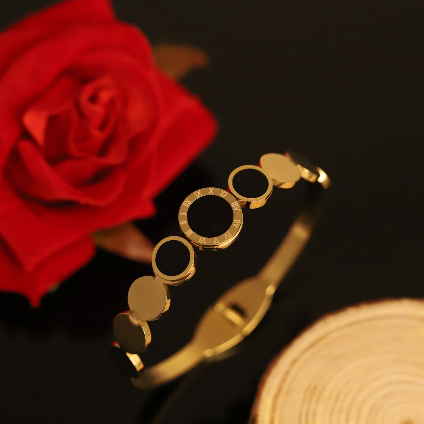 Gold Geometric Bangle with Black Circles and Roman Numeral Detail | Contemporary Women's Jewelry