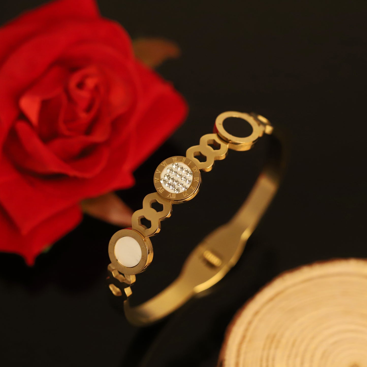 Gold Link Bracelet with Crystal Pave and White Circle | Delicate Openwork Bangle