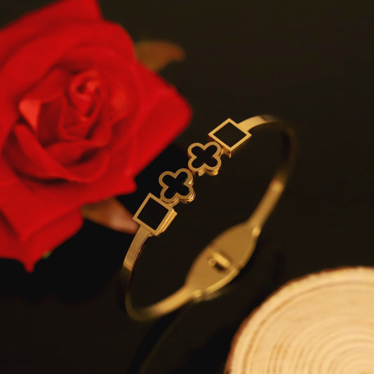 Gold Clover and Square Bangle with Black Inlay | Modern Geometric Bracelet